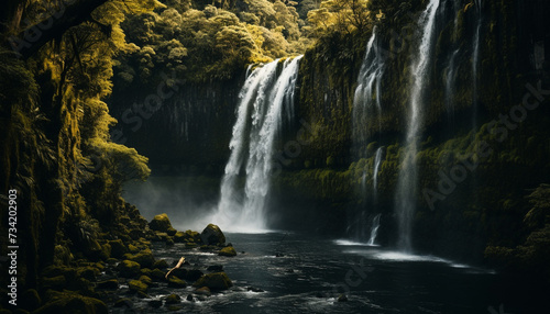 Majestic waterfall flows through lush tropical rainforest  creating tranquil beauty generated by AI