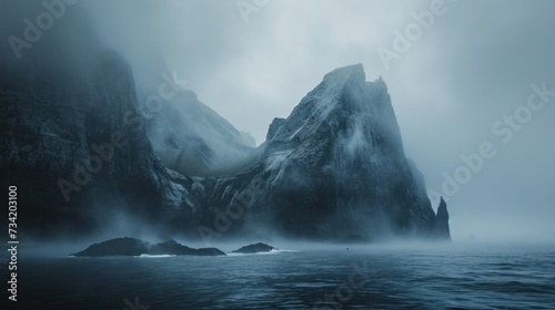  a large mountain in the middle of a body of water with fog coming off the top of it and a few rocks sticking out of the water in front of it.