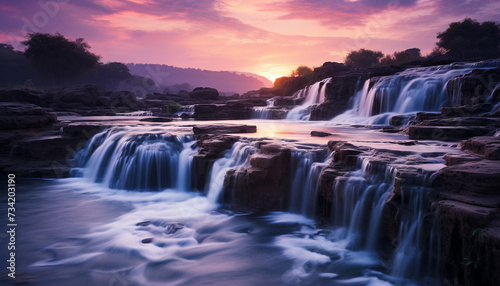 Majestic sunset over tropical rainforest, tranquil waterfall flows in motion generated by AI
