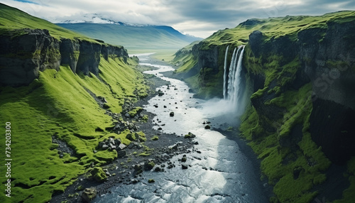 Majestic mountain peak  flowing water  remote forest  Scandinavian beauty generated by AI