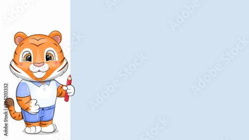 Cute cartoon tiger showing something. Place your text. Young tiger smiling and indicates on his left with res pencil.