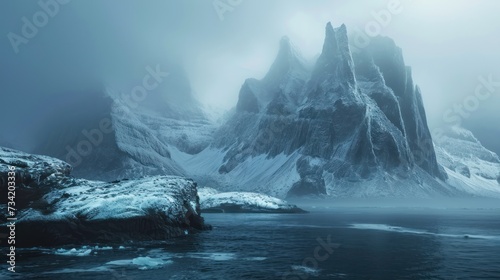  a very tall mountain towering over a body of water in the middle of a foggy day with snow on the rocks and ice on the water in the foreground.