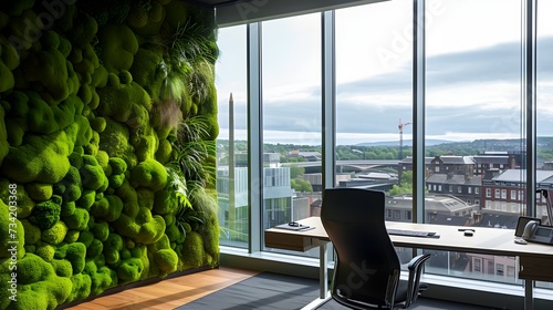 Modern office interior with a green garden view. Business and nature integration, contemporary workspace design.vertical garden in white modern office space in Calatrava style photo