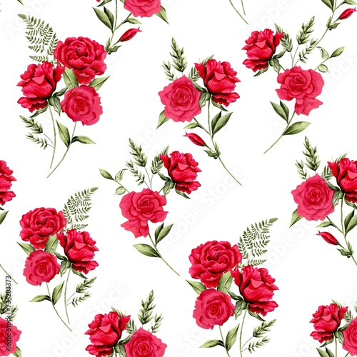 Watercolor flowers pattern  red romantic roses  green leaves  white background  seamless 