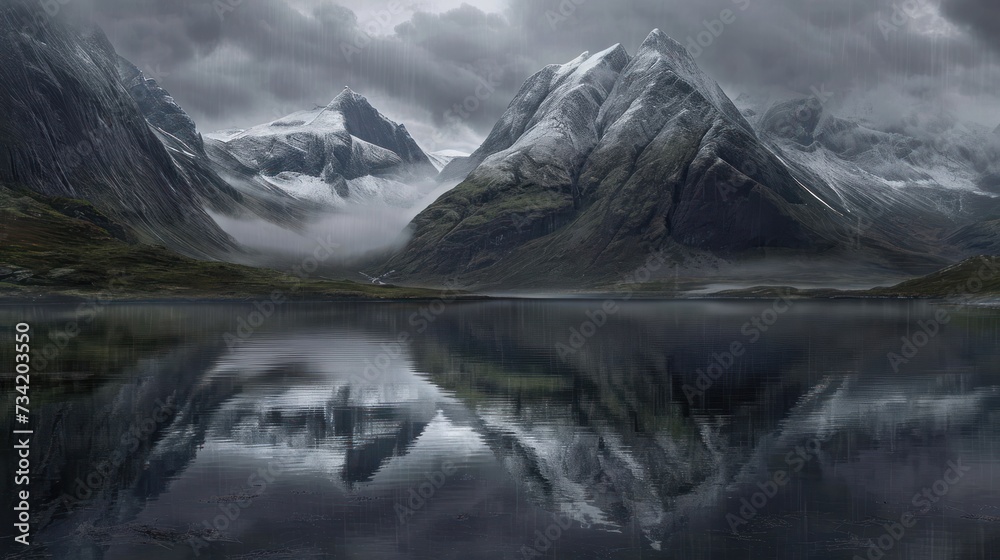 a mountain range with a body of water in the foreground and a cloudy sky in the background, with a reflection of the mountain range