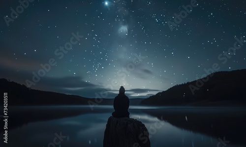 A person at the edge of the lake looks at the amazing night sky full of stars. photo