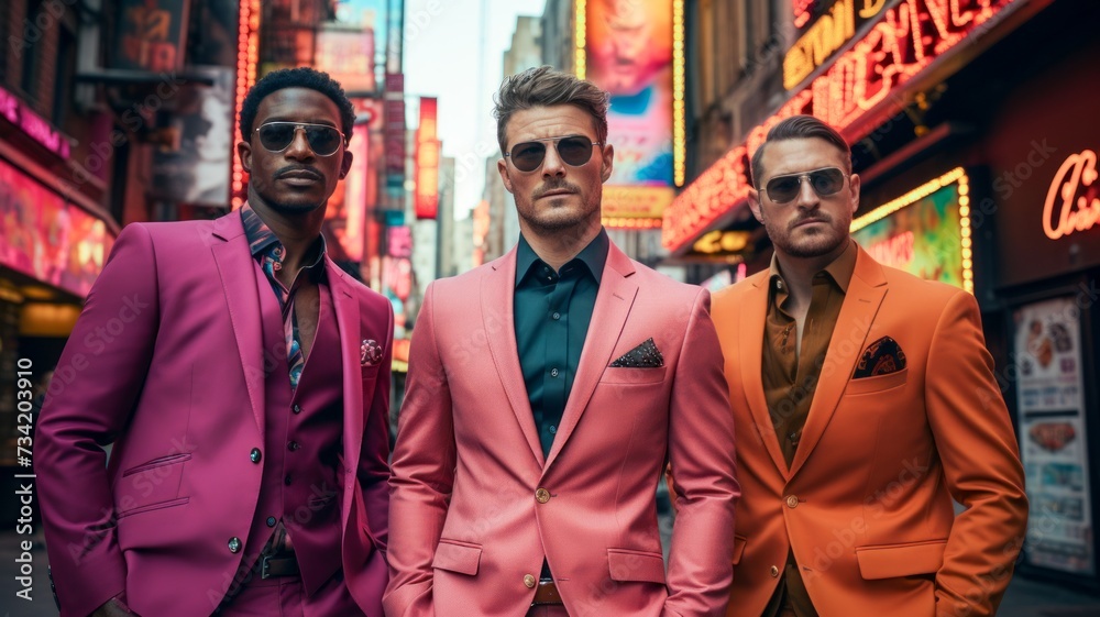 Three Men in Suits and Sunglasses Standing on a City Street. Generative AI.