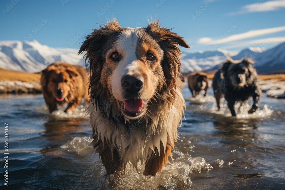 Spanish expedition pulled by dogs in glacier., generative IA Spanish expedition pulled by dogs in glacier., generative IA