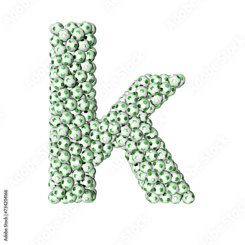 3d symbol made from green soccer balls. letter k