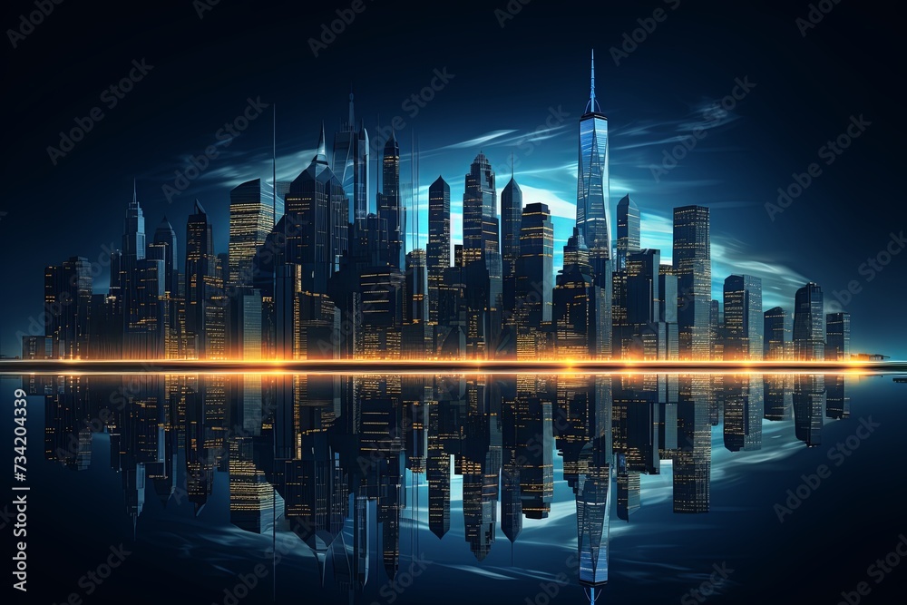 Cityscape on dark blue background with bright glowing neon effect technology city background