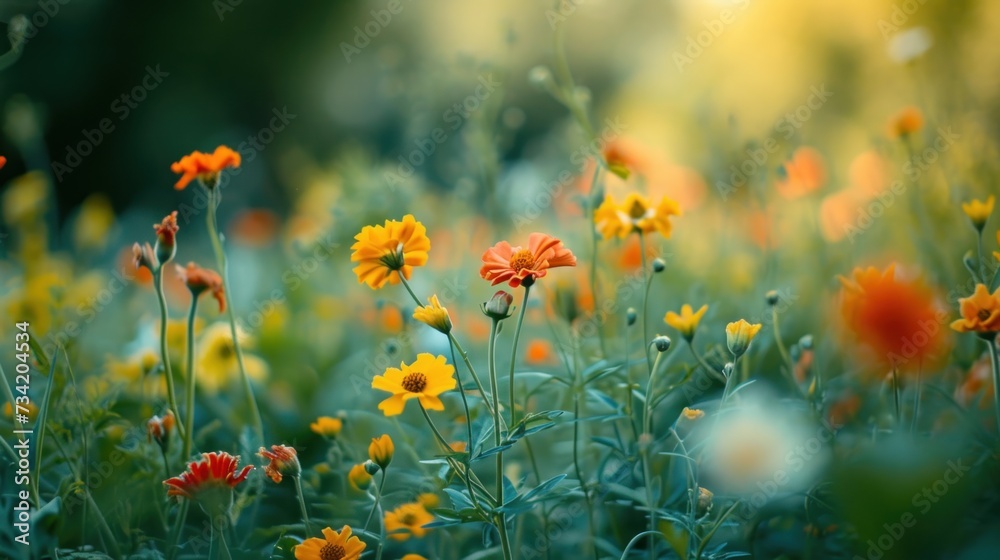  a field full of colorful wildflowers with a blurry background of green grass and yellow and orange flowers in the foreground, with a blurry sky in the background.