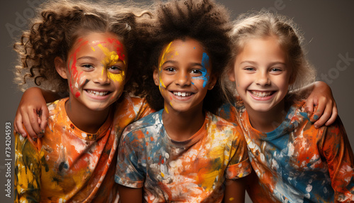 Smiling girls, cheerful boys, cute child playing with paint generated by AI
