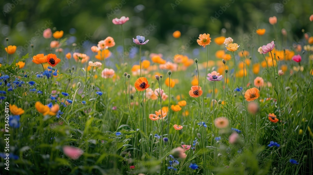  a field of wildflowers and other wildflowers in a green field with blue, yellow, pink, and orange flowers in the middle of the field.