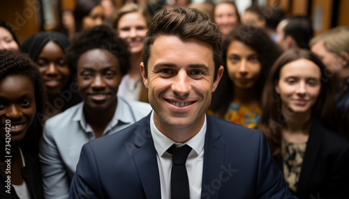 A cheerful group of businessmen and businesswomen smiling at camera generated by AI