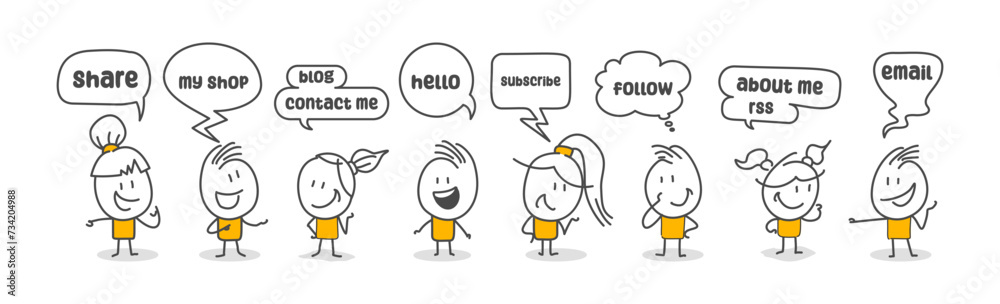 Stick figures. Social media. Hand drawn doodle line art cartoon design character. Stick figures. Social media. Hand drawn doodle line art cartoon design character.
