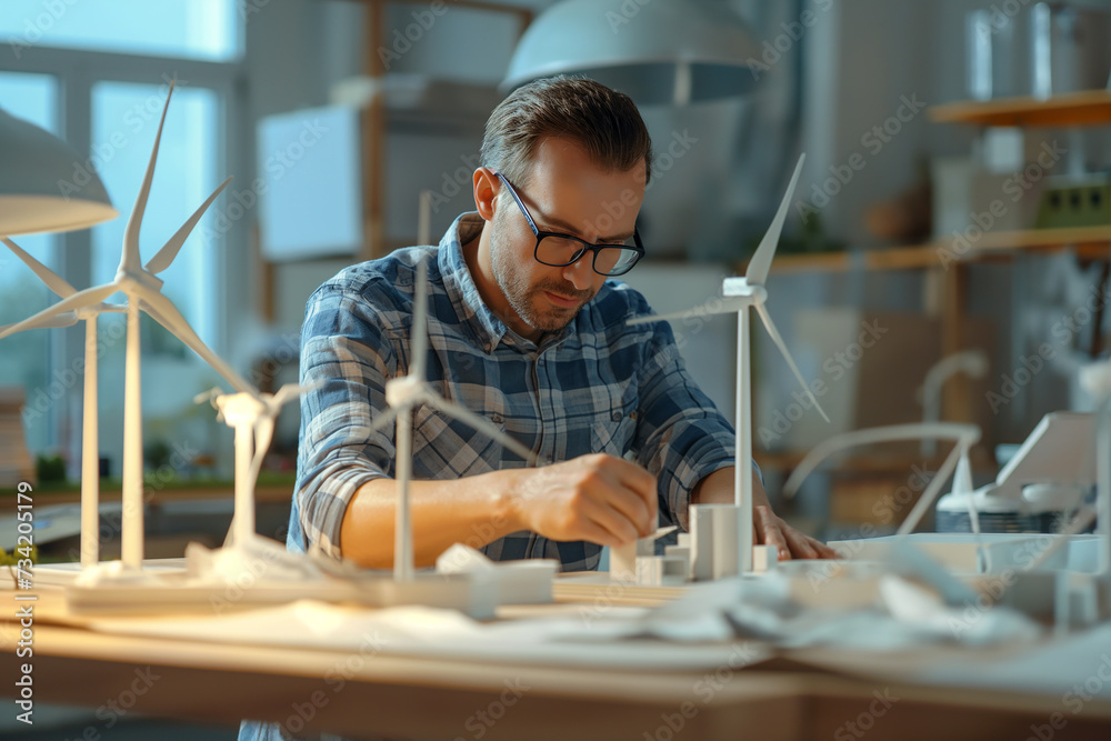 Engineer designing wind turbines and wind farm in the modern office. Eco-friendly technology and engineering of renewable source of energy. Sustainable investments. Engineer designing wind turbines and wind farm in the modern office. Eco-friendly technology and engineering of renewable source of energy. Sustainable investments.