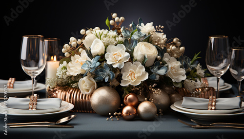 Elegant table decor flower bouquet, candle, vase, drinking glass generated by AI