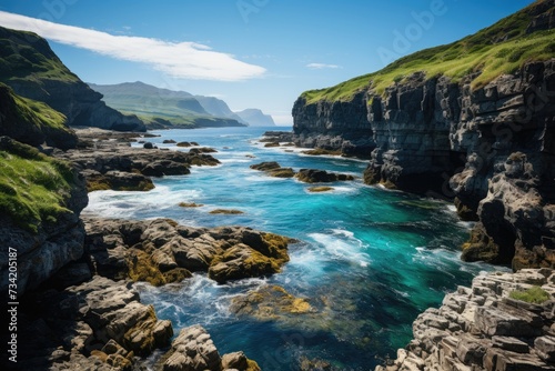 Steep cliffs surrounding a remote island by the sea., generative IA © JONATAS