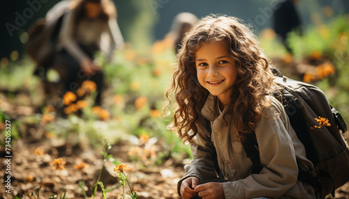 Smiling girl enjoys nature, surrounded by autumn leaves and flowers generated by AI