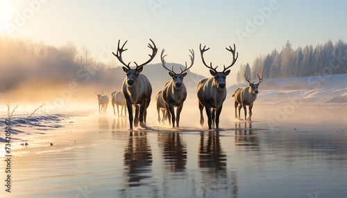 Tranquil scene deer grazing in winter forest at dawn generated by AI