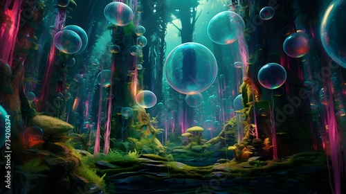 Vibrant floating bubbles reflecting an upside-down forest with neon-colored trees  inhabited by levitating creatures wearing iridescent masks and capes