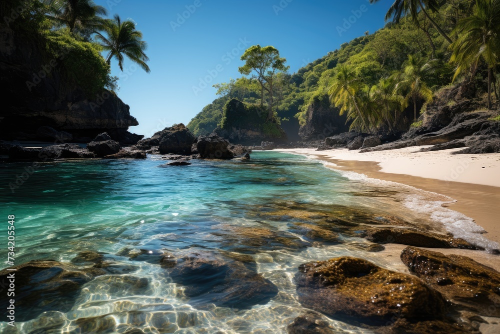 Isolated beach, cliffs, coconut trees hidden paradise., generative IA