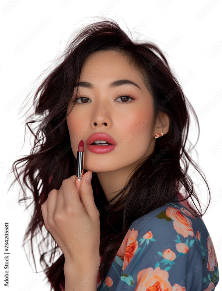 Young Asian beauty woman with lipstick practicing makeup routine, promoting beauty and fashion concept . isolate background Young Asian beauty woman with lipstick practicing makeup routine, promoting beauty and fashion concept . isolate background