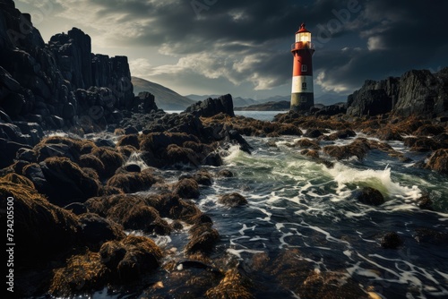 Lonely Lighthouse Guide Ships on Rochosa Island at night., generative IA photo