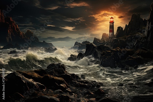 Lonely Lighthouse Guide Ships on Rochosa Island at night., generative IA