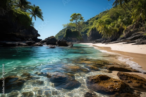 Isolated beach, cliffs, coconut trees hidden paradise., generative IA