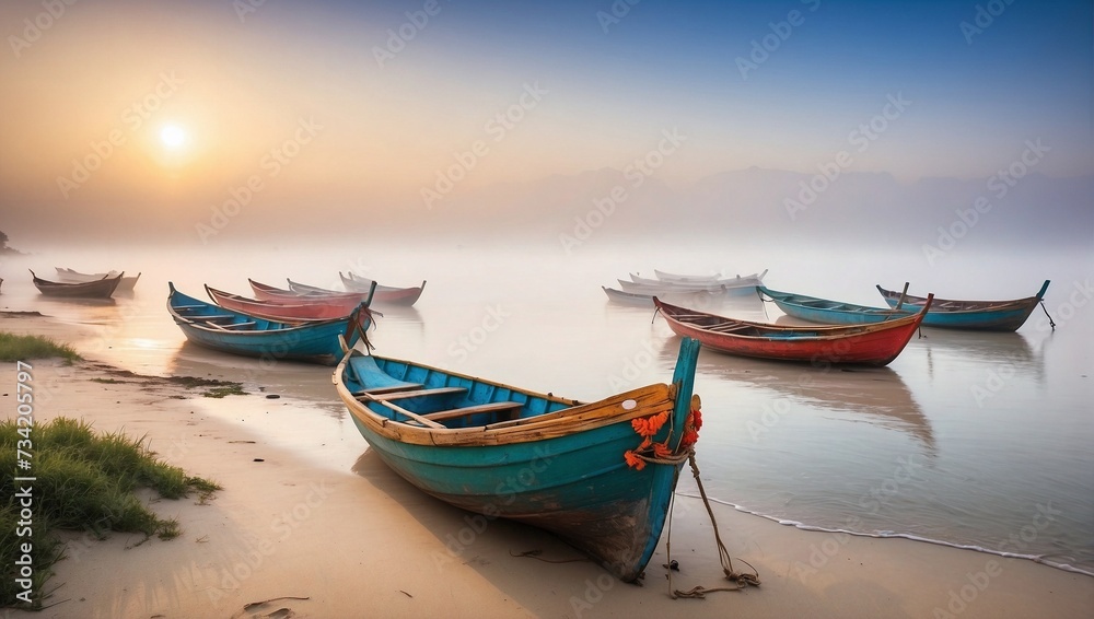 landscape for wooden boats and fog, calm nature