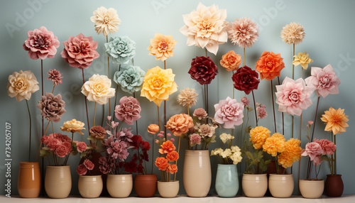 Abstract flower arrangement on wooden table, a modern pottery decor generated by AI