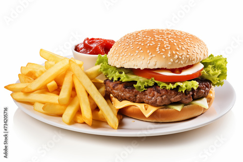 Burger with red sauce and fries isolated on the white plate.