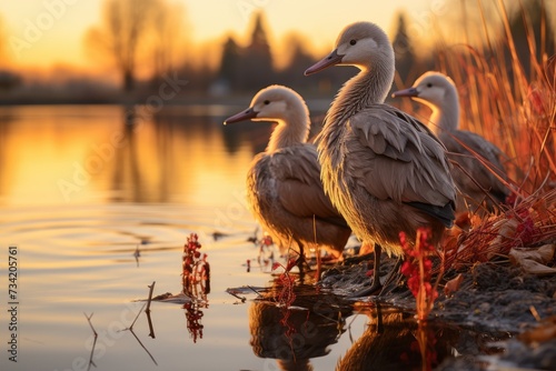 Silent observers by the lake, admiring aquatic birds., generative IA
