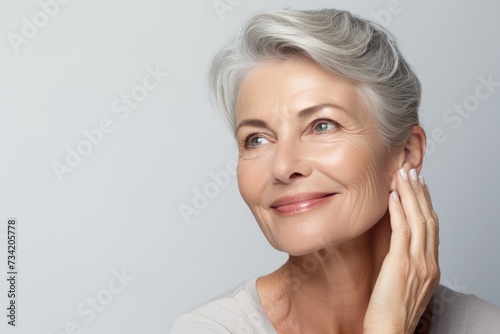 Studio portrait of an elderly beautiful  healthy woman. Lady skin and face care procedures. Concept of health  rejuvenation  plastic surgery and wellness.