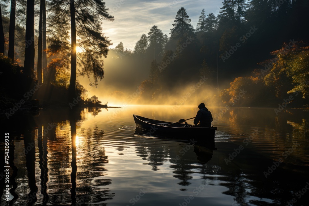 Lonely fisherman in serene lake., generative IA