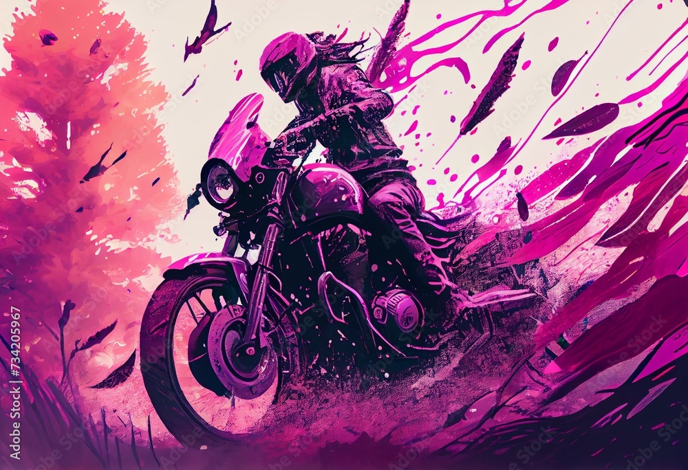 a painting of a person riding a motorcycle on a pink and purple background with a splash of paint on the bike and trees in the background.  generative ai - obrazy, fototapety, plakaty 