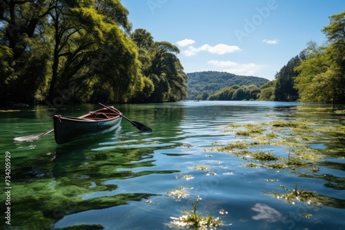 Kayak in the lake between green hills.  generative IA