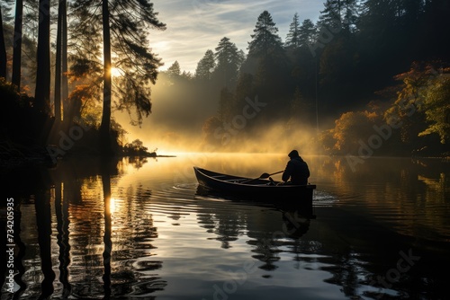 Lonely fisherman in serene lake., generative IA