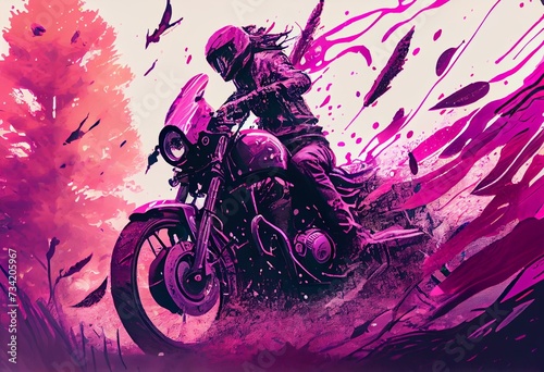 a painting of a person riding a motorcycle on a pink and purple background with a splash of paint on the bike and trees in the background. generative ai