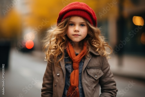 Portrait of a cute little girl in a brown coat and red hat on the street. © Loli