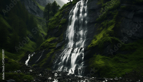 Majestic mountain peak  flowing water  tranquil scene  beauty in nature generated by AI