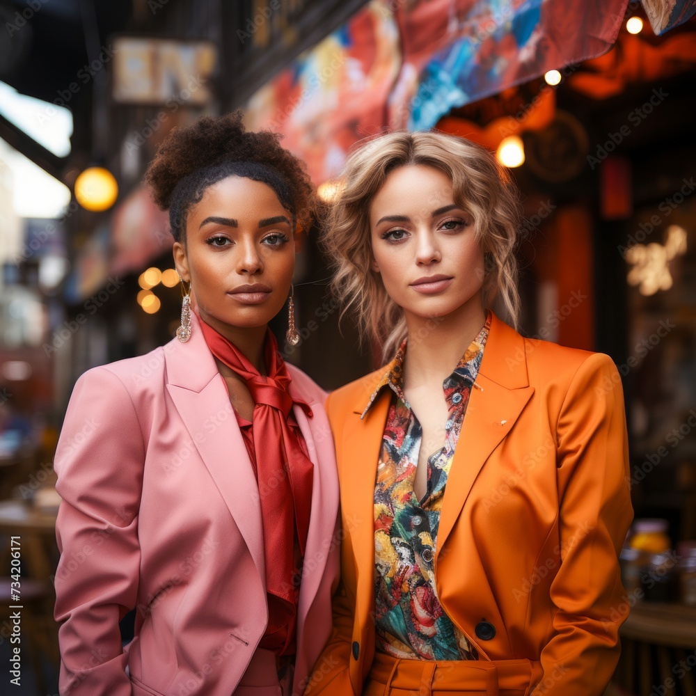 Two Women Standing Next to Each Other in Front of a Building. Generative AI.