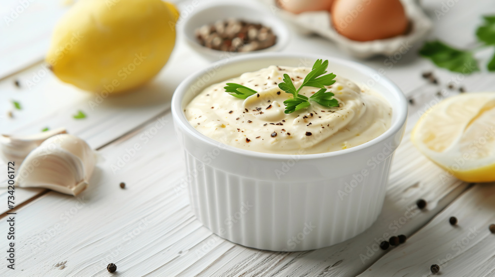 mayonnaise sauce in ceramic bowl and ingredients on white wooden background mayonnaise sauce in ceramic bowl and ingredients on white wooden background