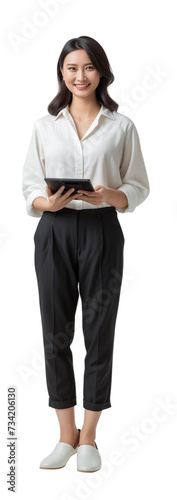 Portrait of a smiling business woman holding tablet and standing on isolate background