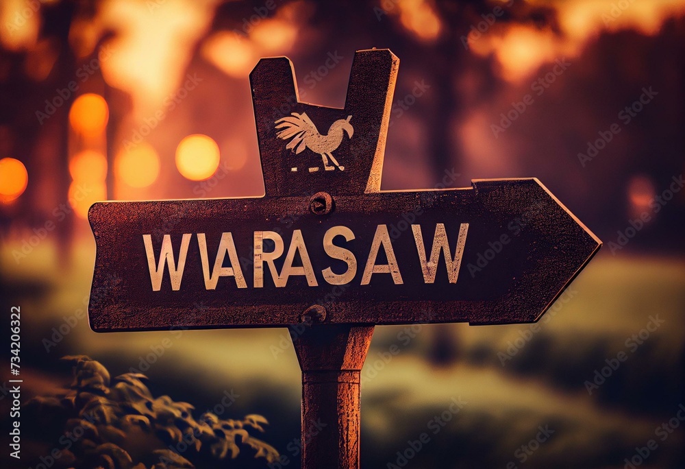Road sign indicating direction to the city of Warsaw. Generative AI - obrazy, fototapety, plakaty 