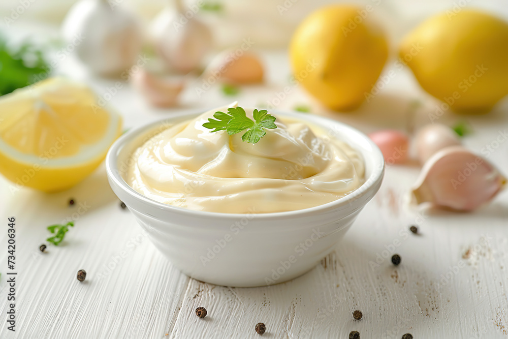 Tasty mayonnaise sauce in white ceramic bowl and ingredients for its preparation on white wooden background