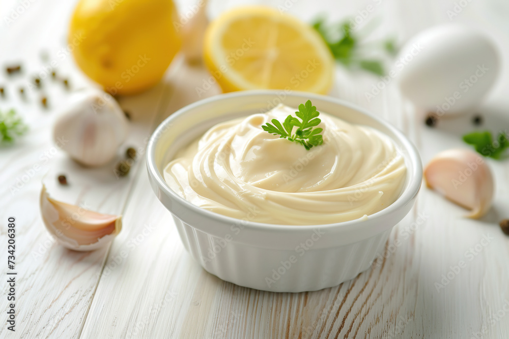 Traditional tasty mayonnaise sauce in white ceramic bowl and ingredients for its preparation on white wooden background Traditional tasty mayonnaise sauce in white ceramic bowl and ingredients for its preparation on white wooden background