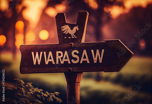 Road sign indicating direction to the city of Warsaw. Generative AI