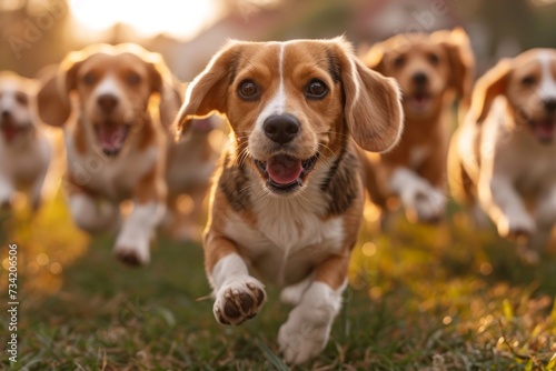 Running beagle dogs run on the green grass in summer © Александр Лобач